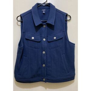 Chaps Women's Vest Size L Textured Blue Cotton Blend Snap Up Front Pockets‎ Top